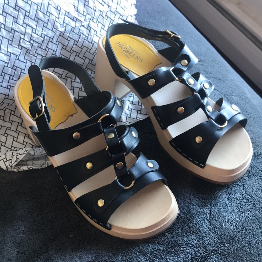 Swedish Hasbeens Black Sandals with Gold Accents